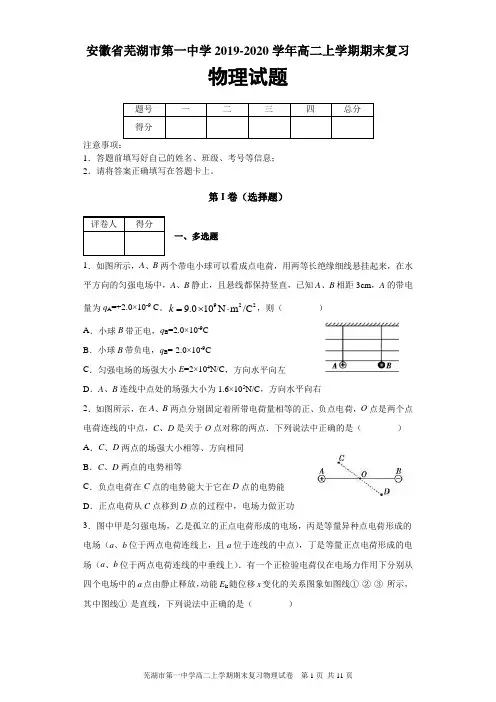 安徽省芜湖市第一中学2019-2020学年高二上学期期末复习物理试题及答案解析