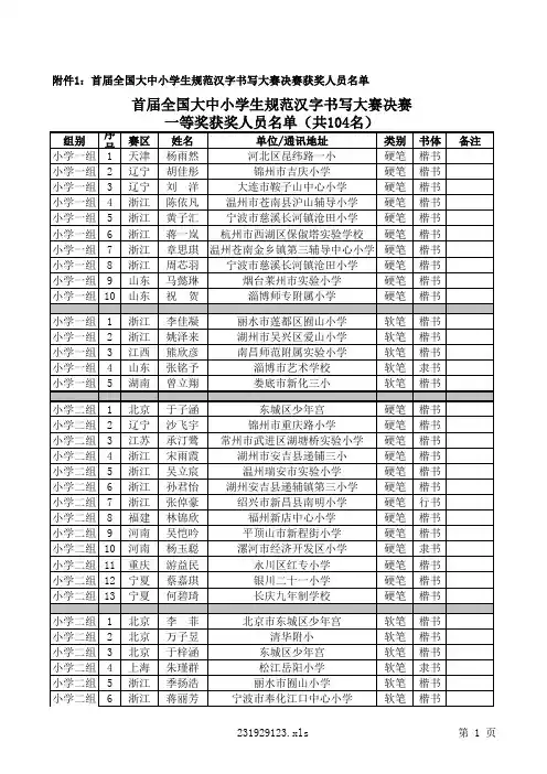 首届全国大中小学生规范汉字书写大赛决赛获奖人员名单