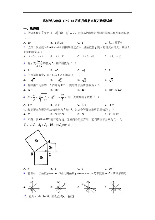 苏科版八年级(上)12月底月考期末复习数学试卷