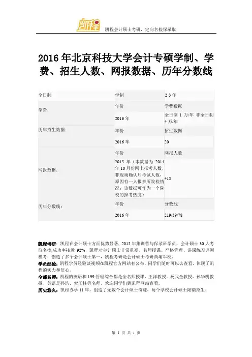 2016年北京科技大学会计专硕学制、学费、招生人数、网报数据、历年分数线