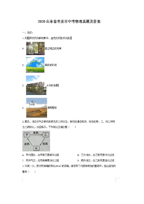 最新2020山东省枣庄市中考物理试卷及答案