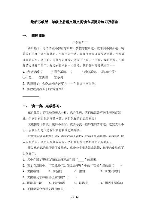 最新苏教版一年级上册语文短文阅读专项提升练习及答案