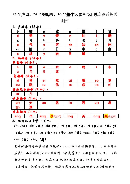 汉语拼音23个声母、24个韵母表、16个整体认读音节汇总