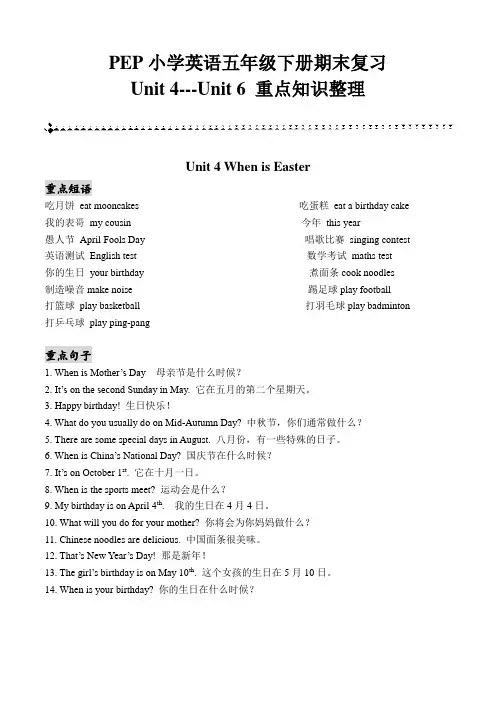 最新版PEP小学英语五年级下册期末复习unit 4--6 重点知识梳理