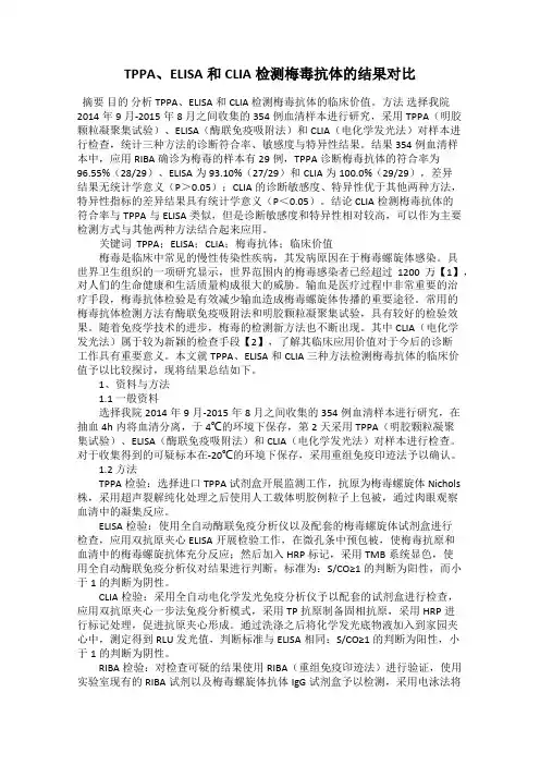 TPPA、ELISA和CLIA检测梅毒抗体的结果对比