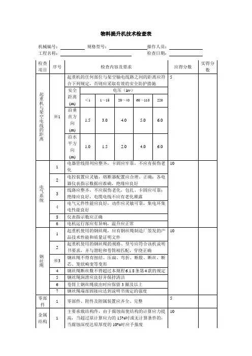 物料提升机技术检查表