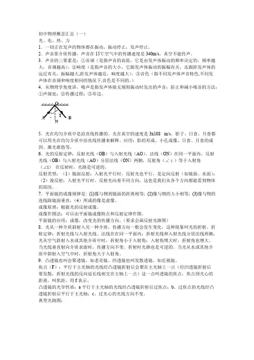 初中物理概念汇总