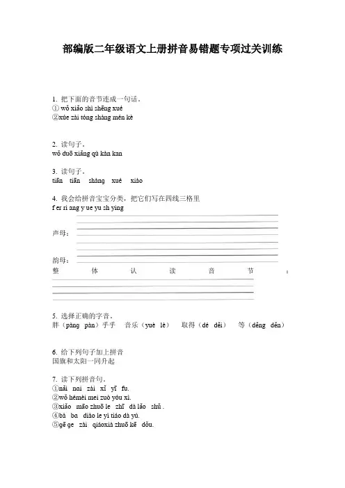 部编版二年级语文上册拼音易错题专项过关训练