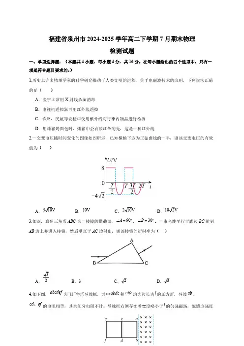 福建省泉州市2024-2025学年高二下学期7月期末物理检测试题(附答案)