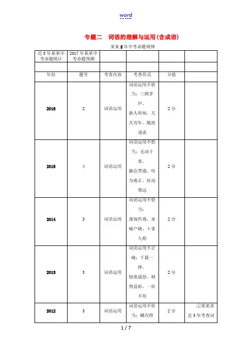 (青海专版)中考语文总复习 第二编 积累与运用篇 专题二 词语的理解与运用(含成语)-人教版初中九年