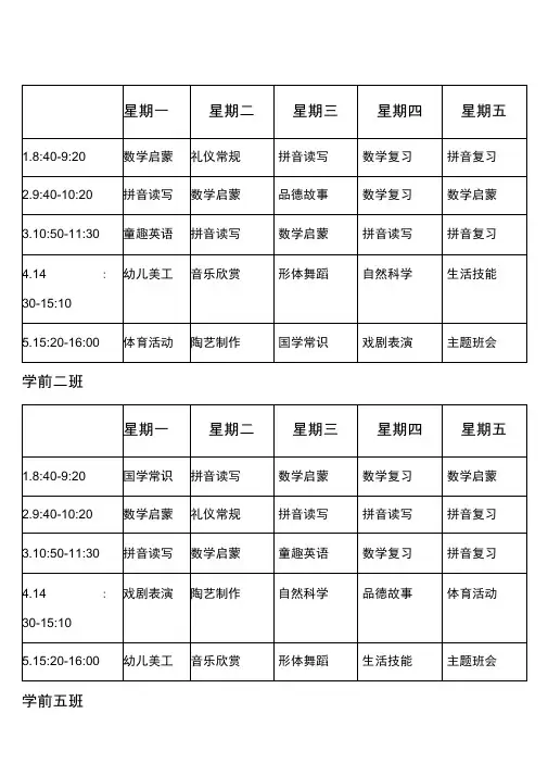 学前班课程表
