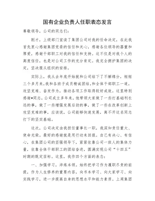国有企业负责人任职表态发言