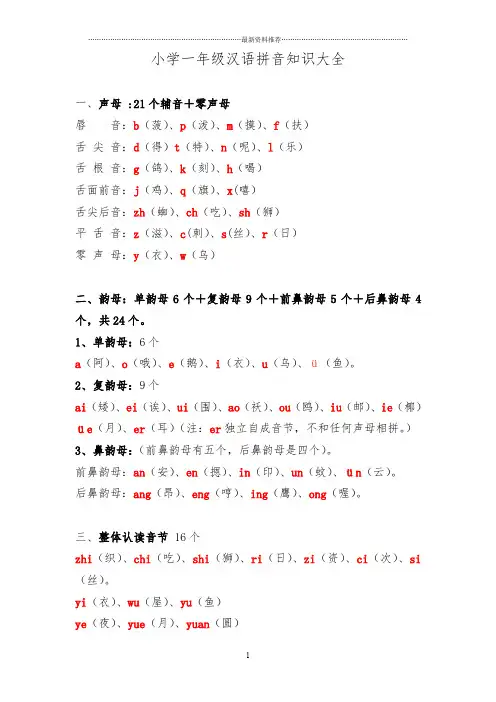小学一年级汉语拼音知识大全精编版