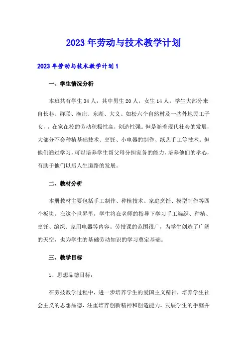 2023年劳动与技术教学计划【精选】