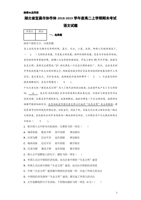 2018-2019学年湖北省宜昌市协作体高二上学期期末考试语文试题 解析版