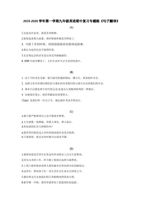 牛津译林版2019-2020学年第一学期九年级英语期中复习专题练《翻译句子》
