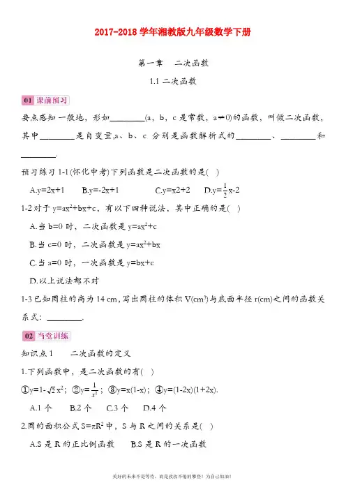 (新课标)最新湘教版九年级数学下册《二次函数》课时练习及答案解析