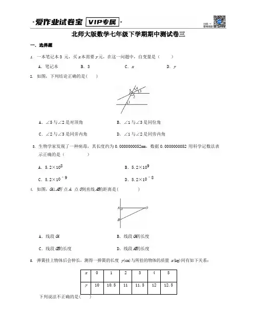 北师大版数学七年级下学期期中测试卷三(含答案及解析)