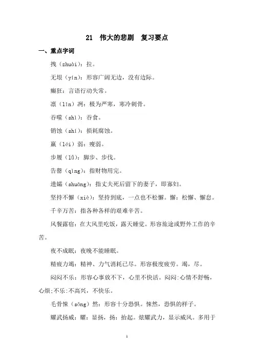 部编人教版初中语文七年级下册第二十一课伟大的悲剧  复习要点