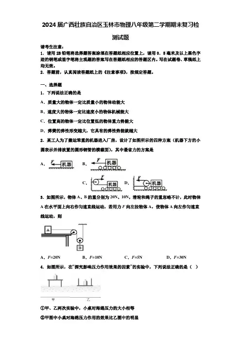 2024届广西壮族自治区玉林市物理八年级第二学期期末复习检测试题含解析