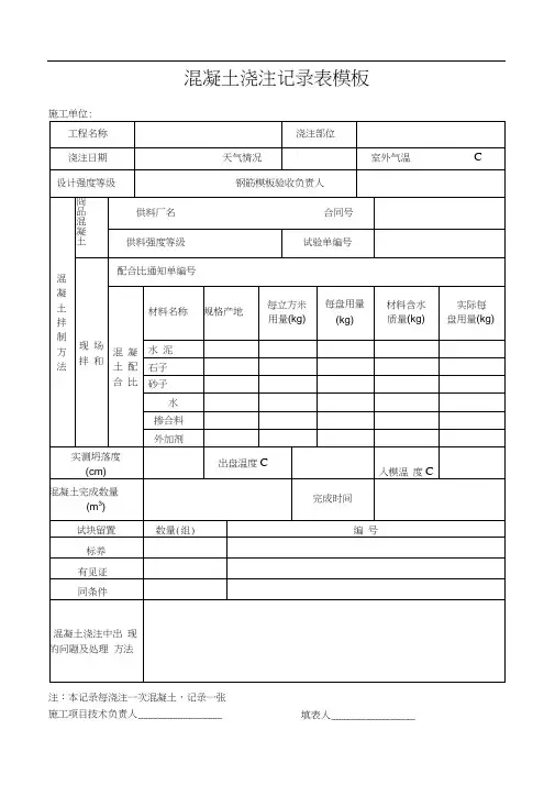 混凝土浇注记录表模板