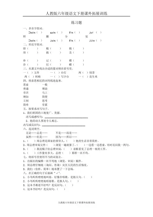 人教版六年级语文下册课外拓展训练13 一夜的工作练习题