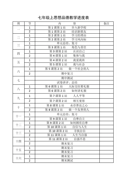 人教版七年级上道德与法治教学进度表