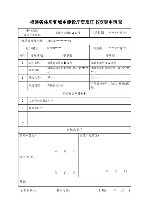 福建省住房和城乡建设厅资质证书变更申请表