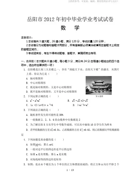 2012年湖南省岳阳市中考真题及答案