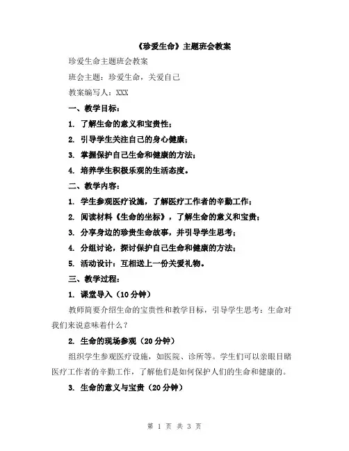 《珍爱生命》主题班会教案