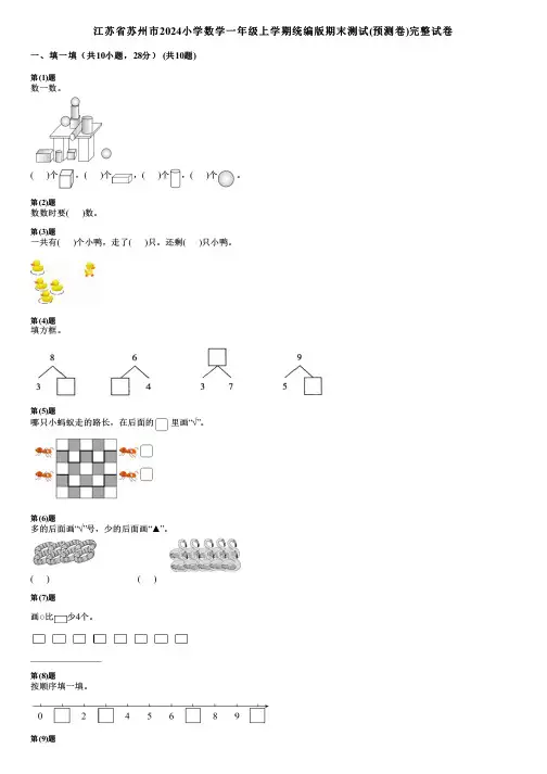江苏省苏州市2024小学数学一年级上学期统编版期末测试(预测卷)完整试卷