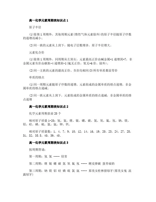 高一化学元素周期表知识点