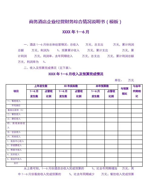 商务酒店企业经营财务综合情况说明书(模板)