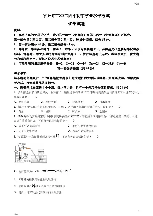 2024年四川省泸州市中考化学真题卷及答案