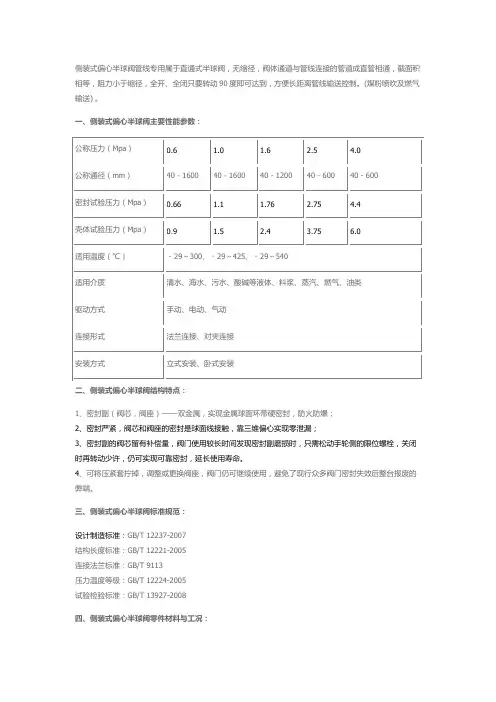 侧装式偏心半球阀主要性能参数