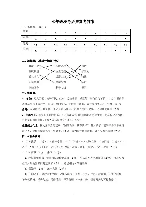 2015年下学期期中七年级历史考试试题答案