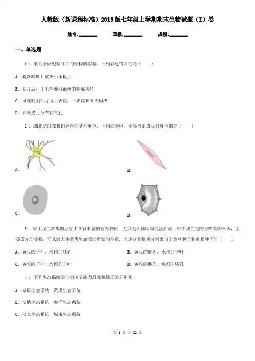 人教版(新课程标准)2019版七年级上学期期末生物试题(I)卷