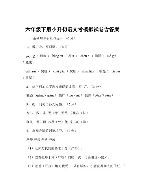 六年级下册小升初语文考模拟试卷含答案