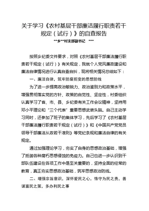 村支部副书记廉洁履行职责自查报告