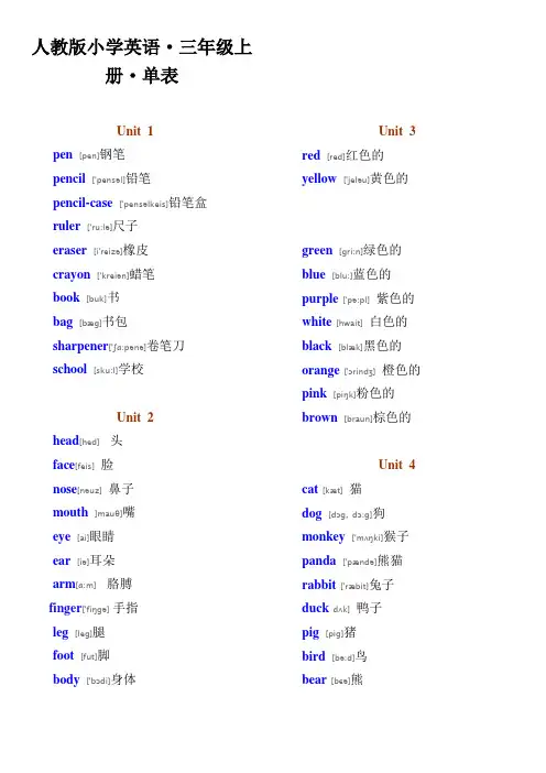 人教新版PEP英语三年级上册单词表(带有音标)