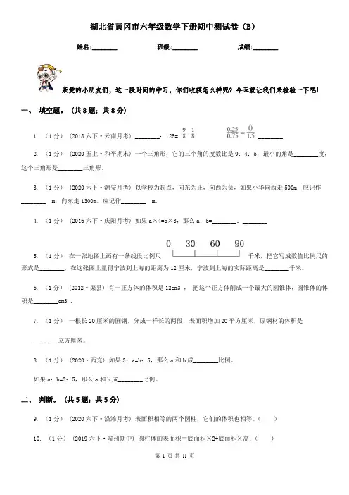 湖北省黄冈市六年级数学下册期中测试卷(B)
