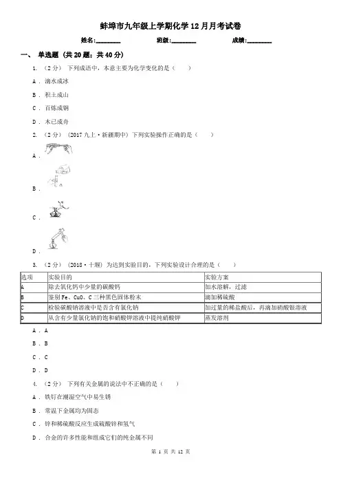 蚌埠市九年级上学期化学12月月考试卷