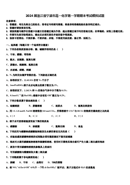 2024届浙江省宁波市高一化学第一学期期末考试模拟试题含解析