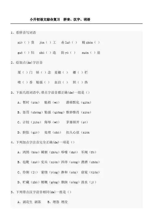 小升初语文拼音汉字词语