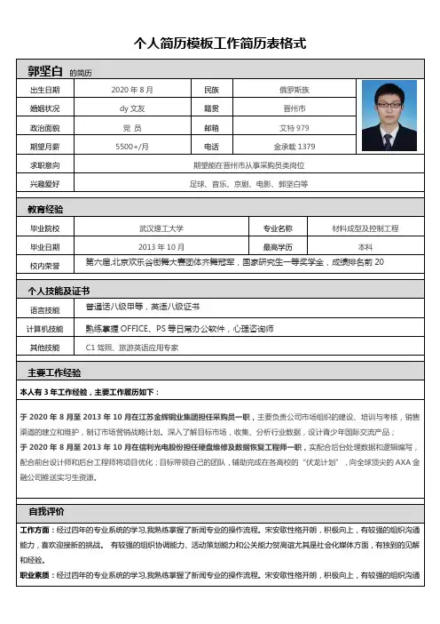 个人简历模板工作简历表格式