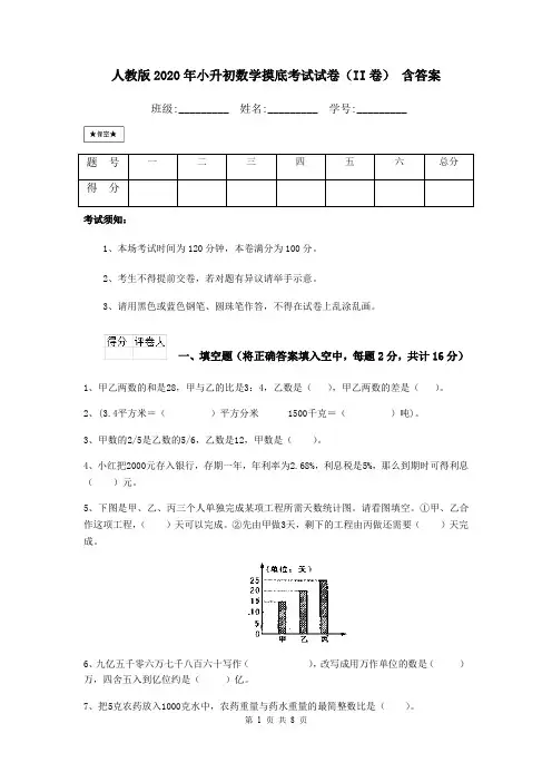 人教版2020年小升初数学摸底考试试卷(II卷) 含答案