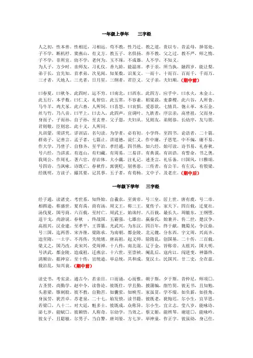 一二年级《三字经》和《弟子规》必背内容