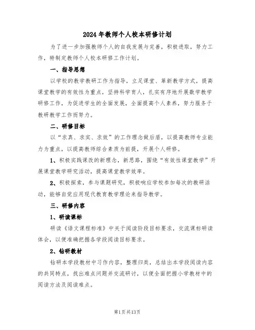 2024年教师个人校本研修计划(五篇)