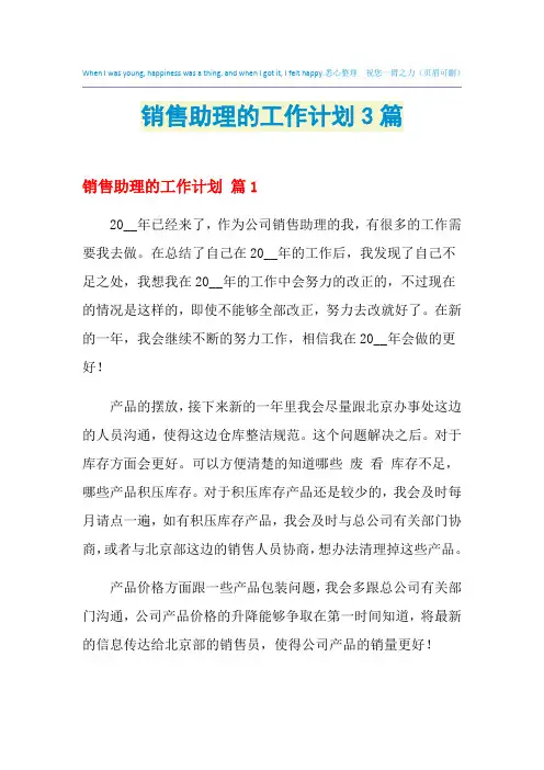 2021年销售助理的工作计划3篇