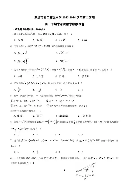 广东省深圳市盐田高级中学2023-2024学年高一下学期期末模拟数学试卷(含解析)